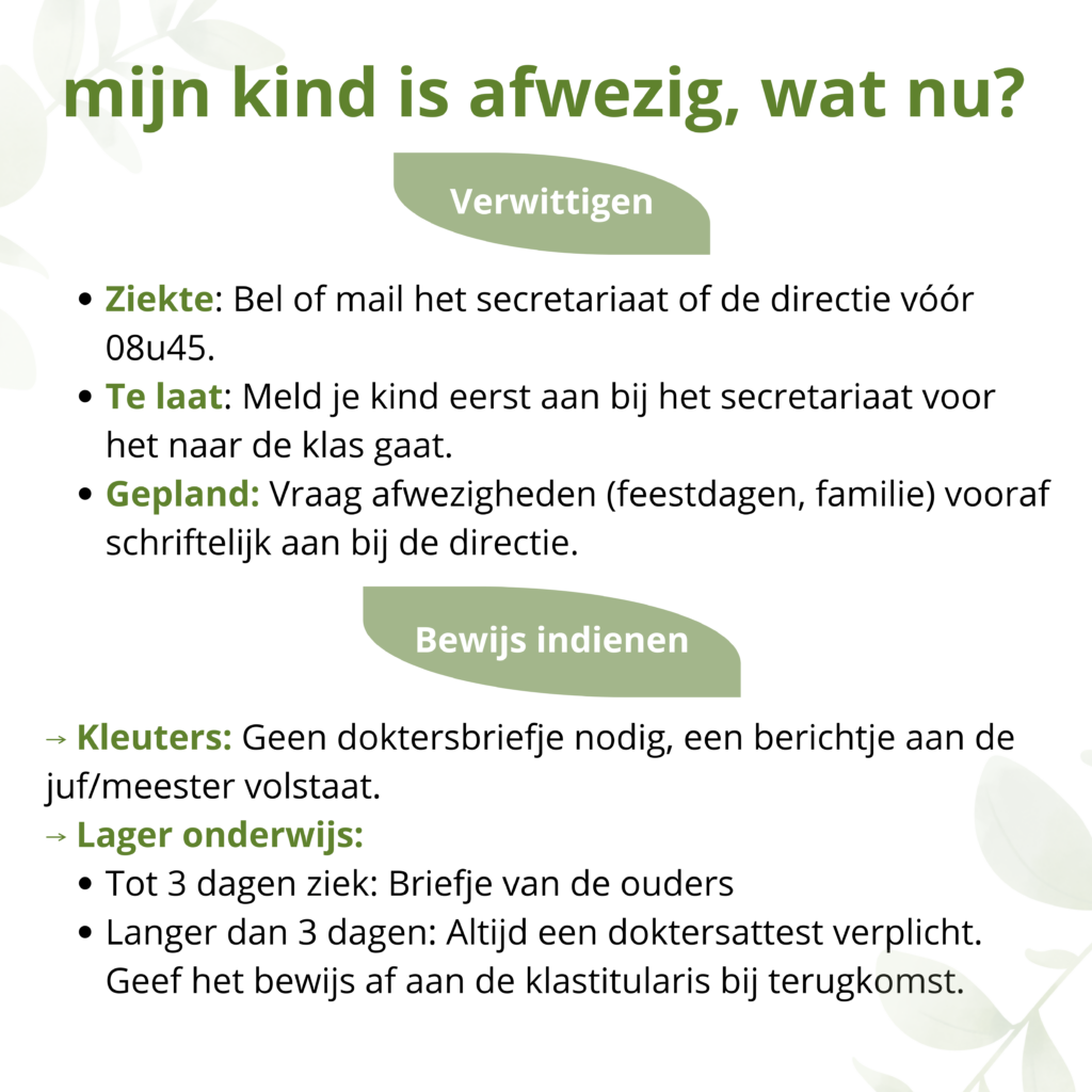 schooluren dagelijkse uren maandag, dinsdag, donderdag en vrijdag van 8u45 tot 15u30. woensdag van 8u45 tot 12u05. opvang en toezicht de school voorziet gratis toezicht op de volgende momenten och 2 schooluren dagelijkse uren maandag, dinsdag, donderdag en vrijdag van 8u45 tot 15u30. woensdag van 8u45 tot 12u05. opvang en toezicht de school voorziet gratis toezicht op de volgende momenten och 2